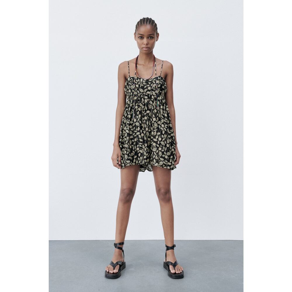NEW ZARA Printed Jumpsuit with Metallic Thread Floral Gold Romper Babydoll XXL